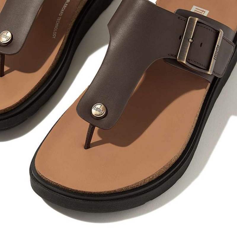 Brown Men's FitFlop Gen-Ff Buckle Leather Toe-Post Sandals | 095QEBWFJ