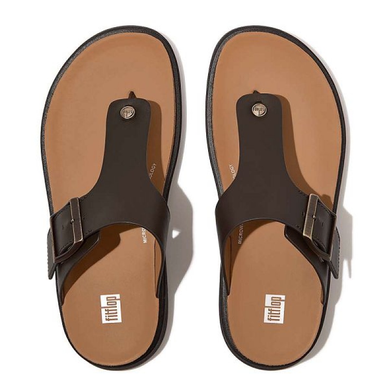 Brown Men's FitFlop Gen-Ff Buckle Leather Toe-Post Sandals | 095QEBWFJ