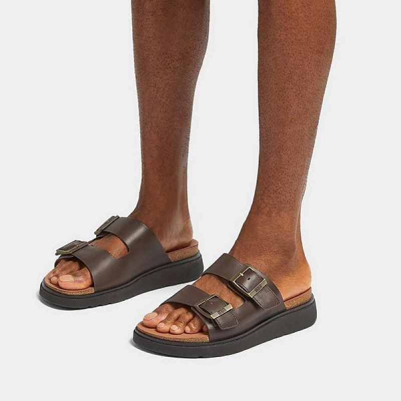 Brown Men's FitFlop Gen-Ff Buckle Two Bar Leather Slides | 423CDOYSI