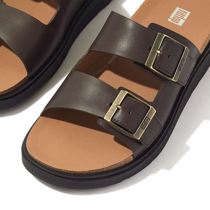 Brown Men's FitFlop Gen-Ff Buckle Two Bar Leather Slides | 423CDOYSI