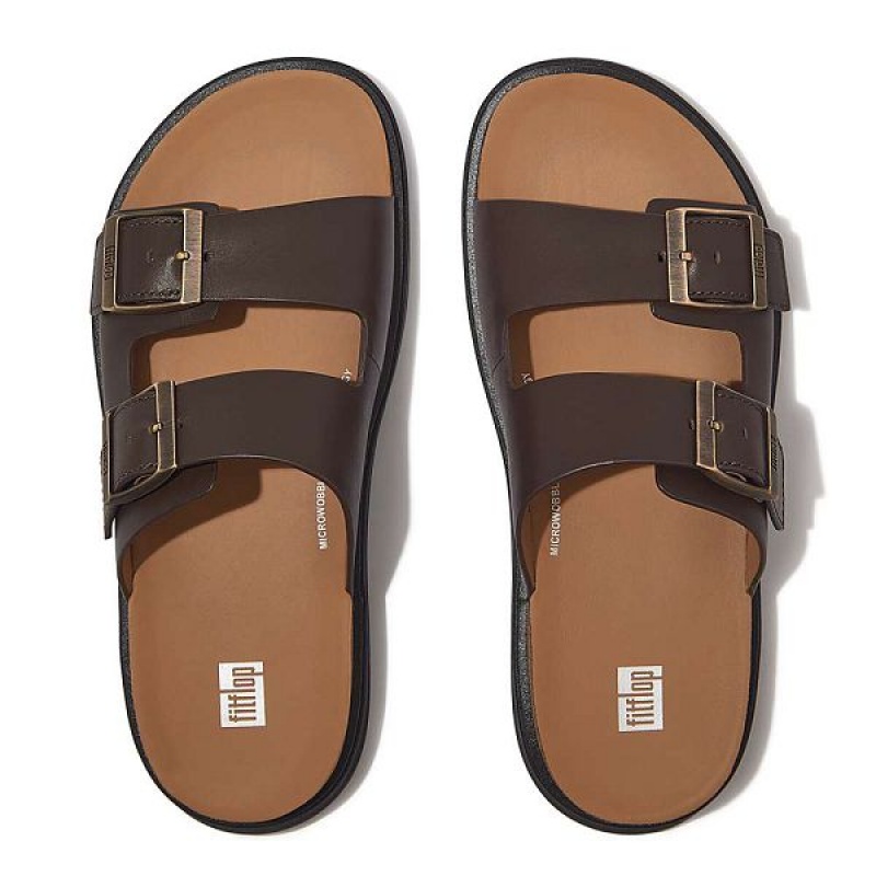 Brown Men's FitFlop Gen-Ff Buckle Two Bar Leather Slides | 423CDOYSI