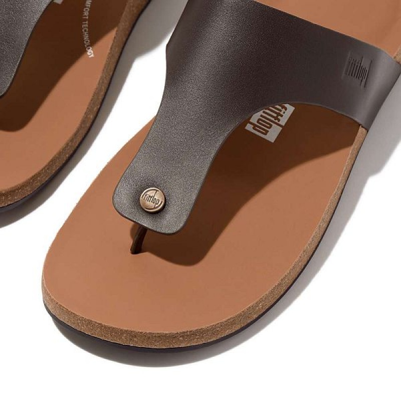 Brown Men's FitFlop Iqushion Leather Toe-Post Sandals | 160QOTDEY