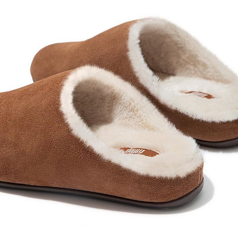 Brown Women's FitFlop Chrissie Shearling Suede Slippers | 812DBOLHI