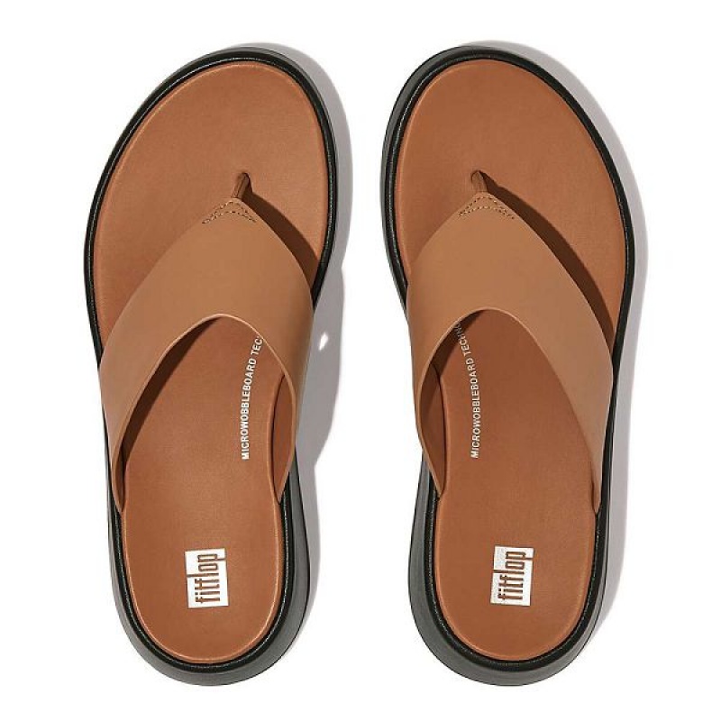 Brown Women's FitFlop F-Mode Luxe Leather Flatform Toe-Post Sandals | 821HJOZXT