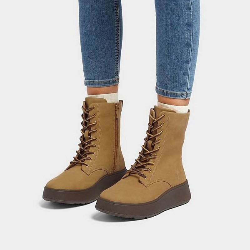 Brown Women's FitFlop F-Mode Nubuck Lace Up Flatform Ankle Boots | 096NYZRFH