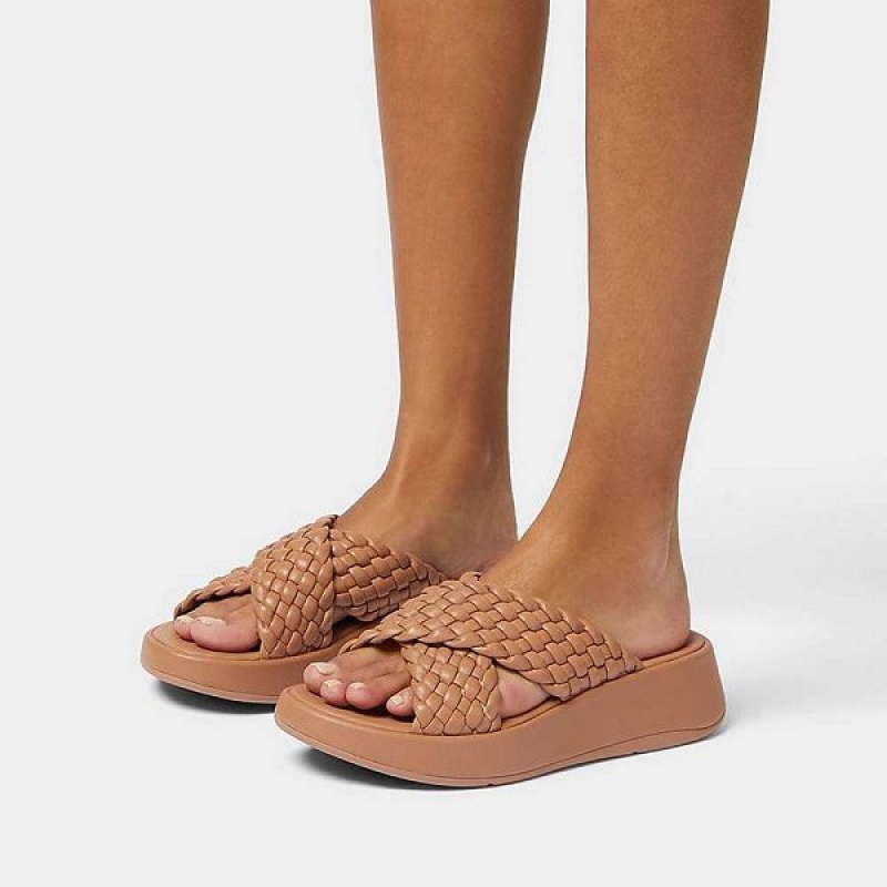 Brown Women's FitFlop F-Mode Woven Leather Flatform Cross Slides | 357IGZOXE