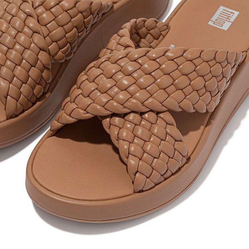 Brown Women's FitFlop F-Mode Woven Leather Flatform Cross Slides | 357IGZOXE