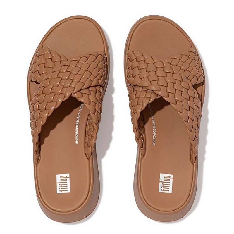 Brown Women's FitFlop F-Mode Woven Leather Flatform Cross Slides | 357IGZOXE