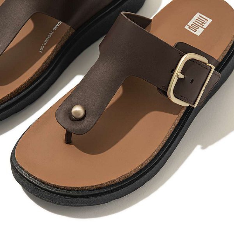 Brown Women's FitFlop Gen-Ff Buckle Leather Toe-Post Sandals | 527FSXCQE