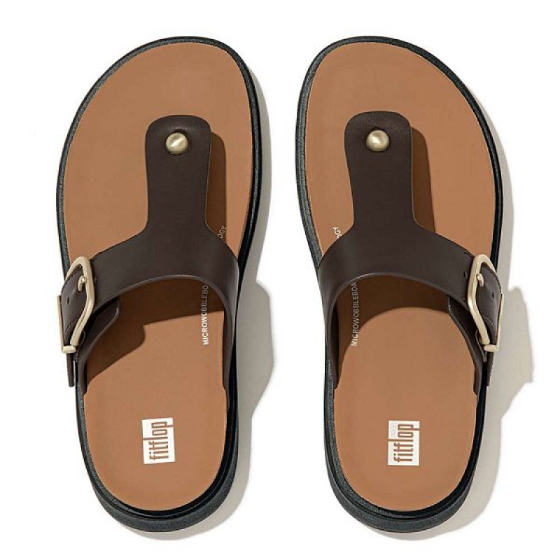 Brown Women's FitFlop Gen-Ff Buckle Leather Toe-Post Sandals | 527FSXCQE