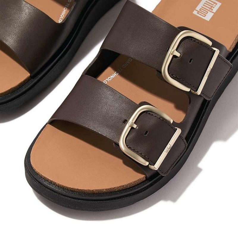 Brown Women's FitFlop Gen-Ff Buckle Two Bar Leather Slides | 286MQZXRI