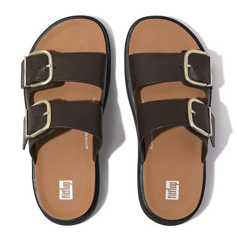 Brown Women's FitFlop Gen-Ff Buckle Two Bar Leather Slides | 286MQZXRI