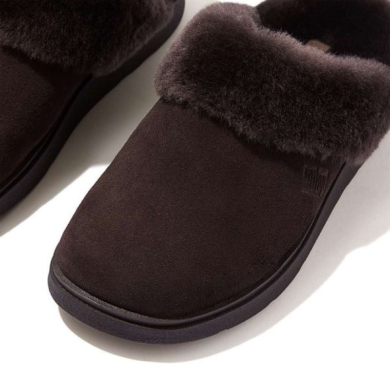 Brown Women's FitFlop Gen-Ff Shearling Collar Suede Slippers | 635VGELKT