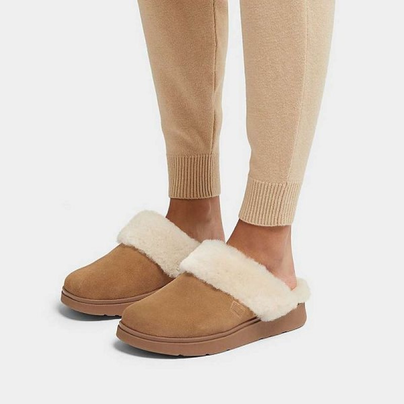 Brown Women's FitFlop Gen-Ff Shearling Collar Suede Slippers | 258LDUXWZ