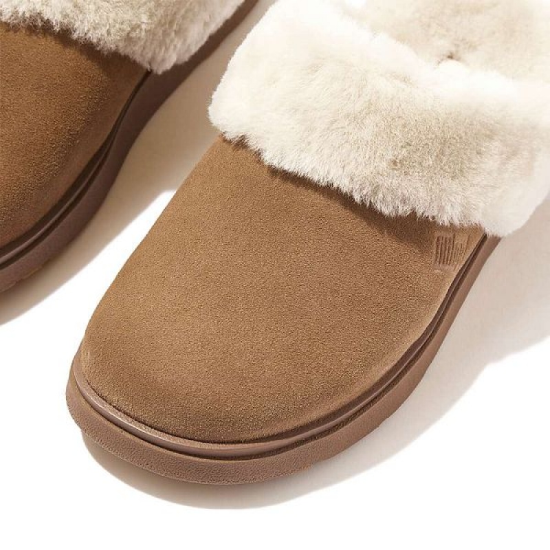 Brown Women's FitFlop Gen-Ff Shearling Collar Suede Slippers | 258LDUXWZ