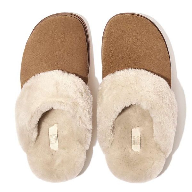 Brown Women's FitFlop Gen-Ff Shearling Collar Suede Slippers | 258LDUXWZ