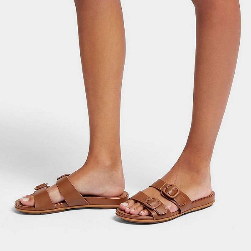 Brown Women's FitFlop Gracie Buckle Two Bar Leather Slides | 915FIUYXQ