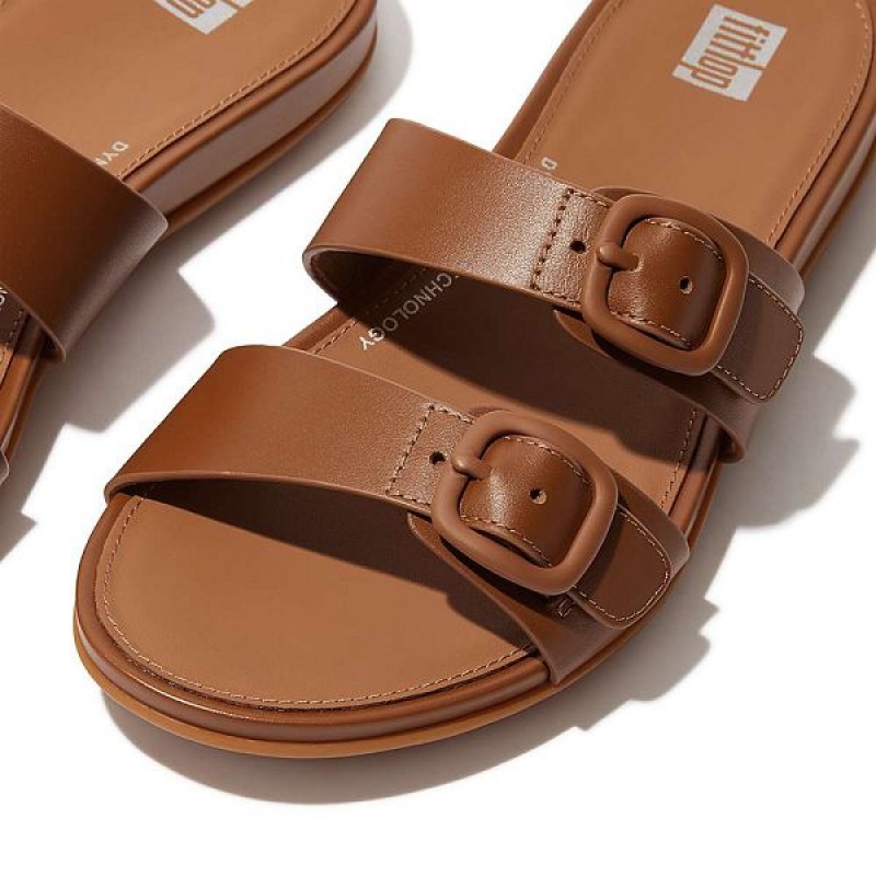 Brown Women's FitFlop Gracie Buckle Two Bar Leather Slides | 915FIUYXQ