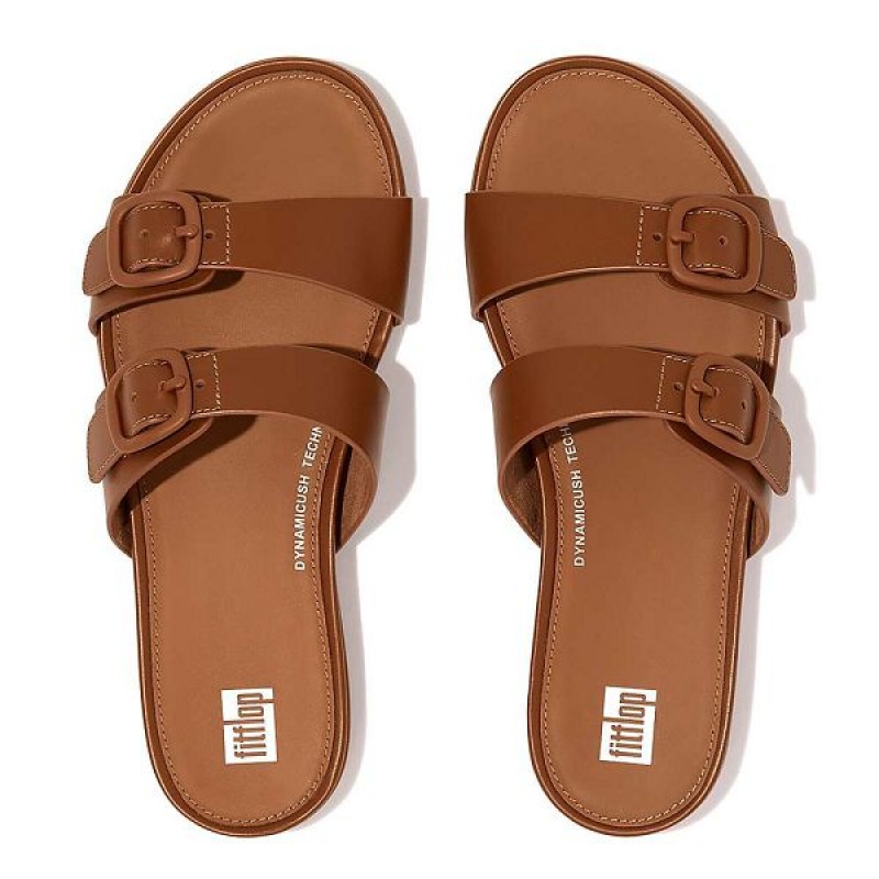 Brown Women's FitFlop Gracie Buckle Two Bar Leather Slides | 915FIUYXQ