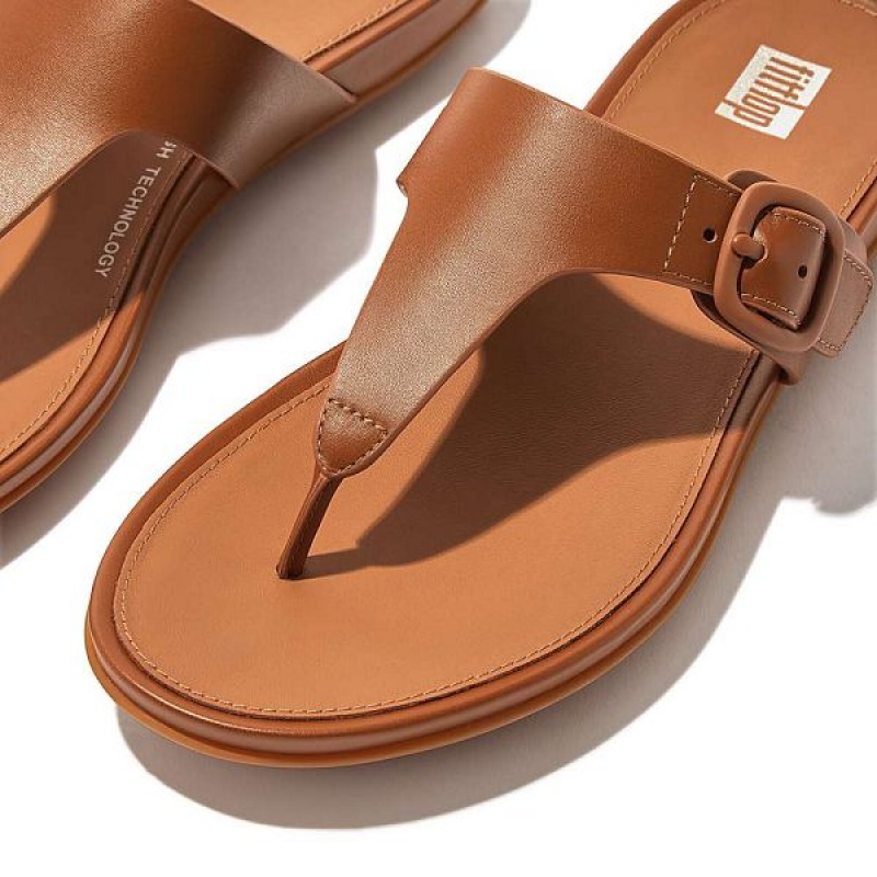 Brown Women's FitFlop Gracie Matt Buckle Leather Toe-Post Sandals | 138VGTQFL