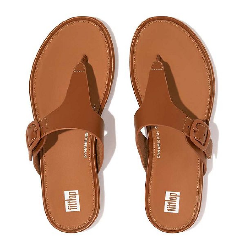 Brown Women's FitFlop Gracie Matt Buckle Leather Toe-Post Sandals | 138VGTQFL