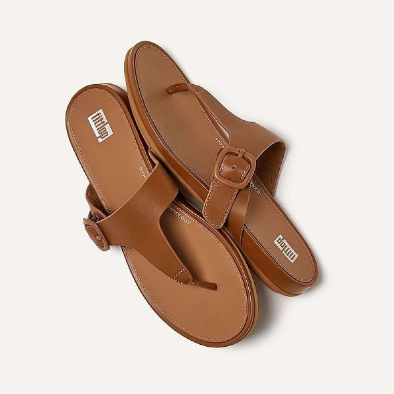 Brown Women's FitFlop Gracie Matt Buckle Leather Toe-Post Sandals | 138VGTQFL