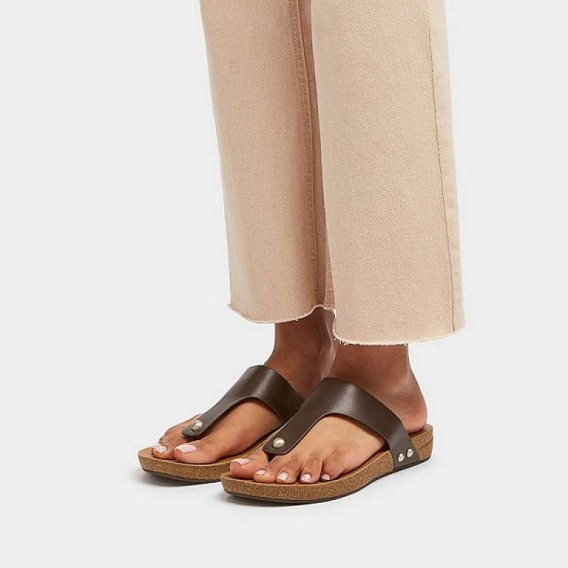 Brown Women's FitFlop Iqushion Leather Toe-Post Sandals | 207YIEUPS