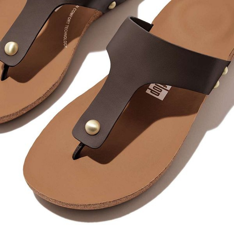 Brown Women's FitFlop Iqushion Leather Toe-Post Sandals | 207YIEUPS