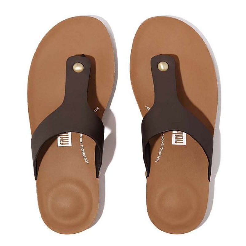 Brown Women's FitFlop Iqushion Leather Toe-Post Sandals | 207YIEUPS