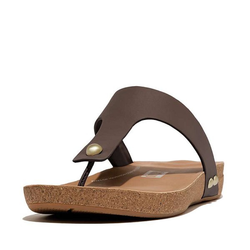 Brown Women's FitFlop Iqushion Leather Toe-Post Sandals | 207YIEUPS