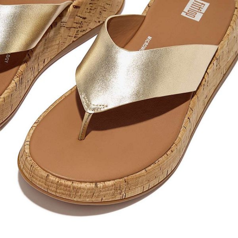 Brown / Gold Women's FitFlop F-Mode Metallic Leather Cork Flatform Toe-Post Sandals | 385ZKBYLW