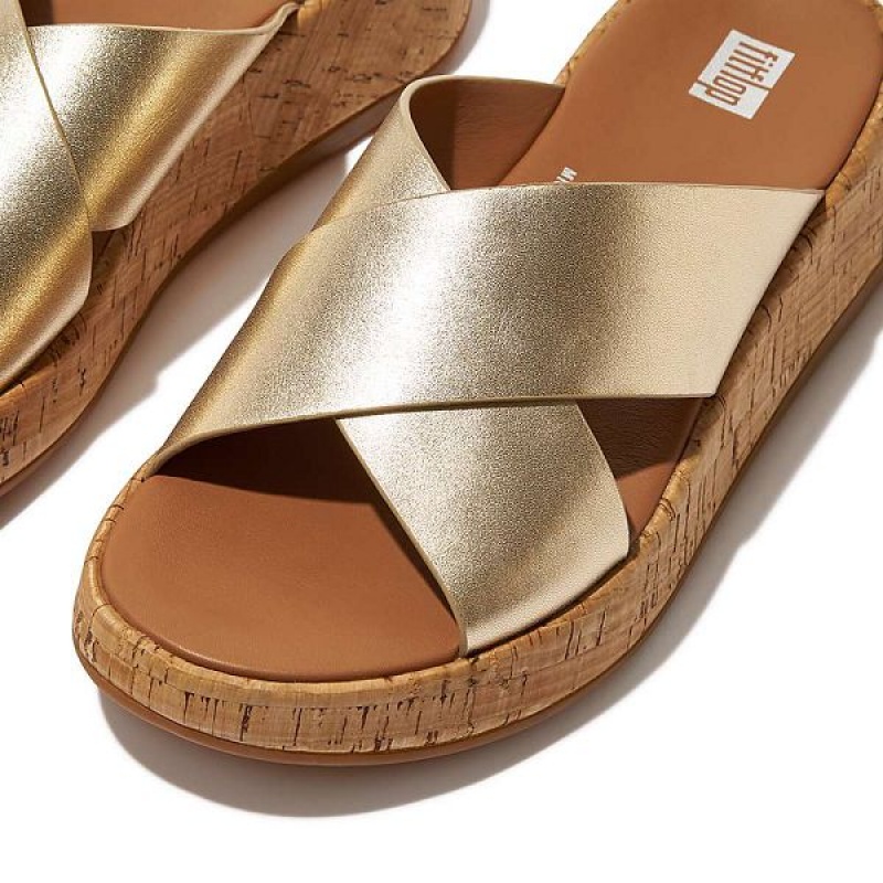 Brown / Gold Women's FitFlop F-Mode Metallic Leather Cork Flatform Cross Slides | 917EANZPB