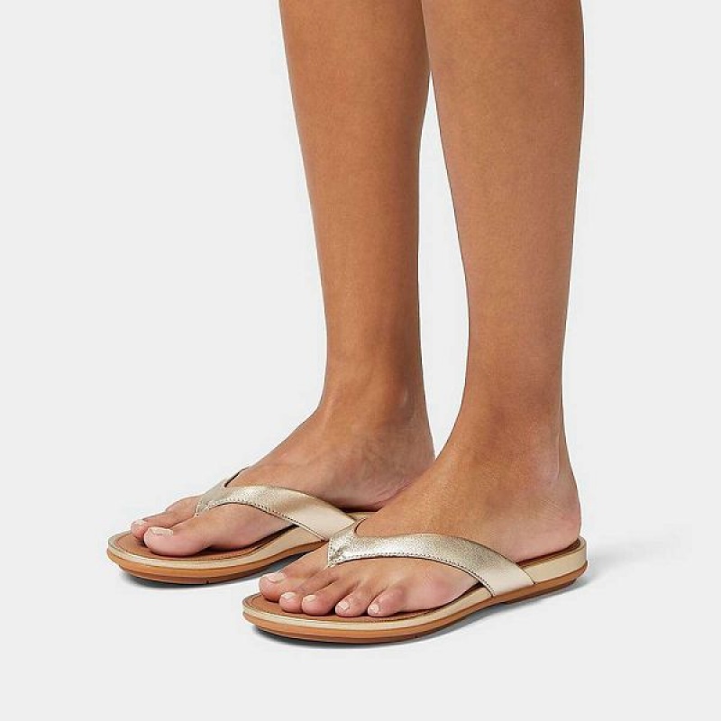 Brown / Gold Women's FitFlop Gracie Metallic Leather Flip Flops | 243HYFOWR