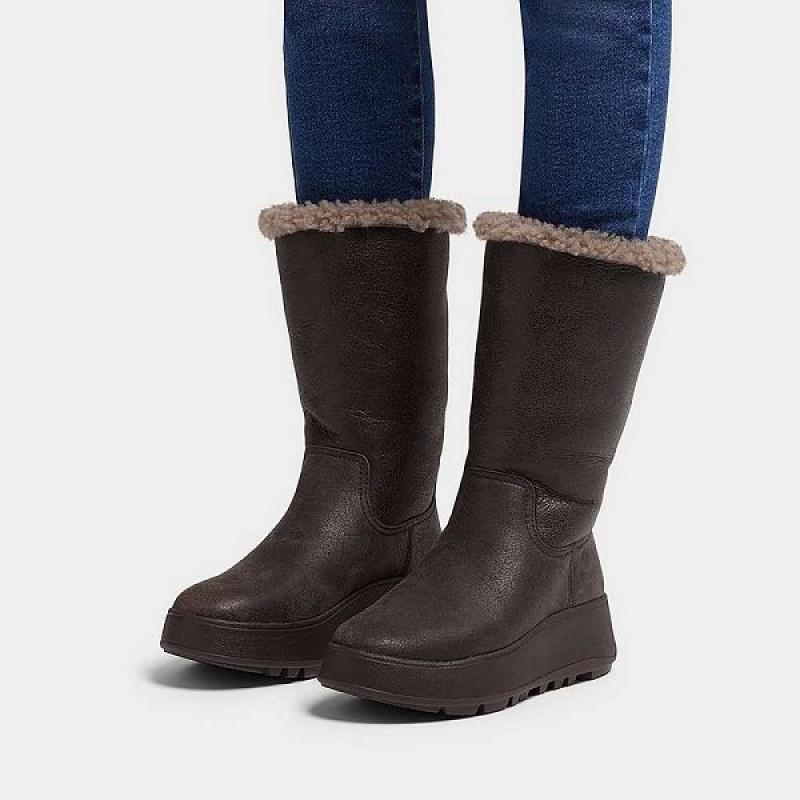 Chocolate Women's FitFlop F-Mode Double Faced Shearling Leather Flatform Calf Boots | 803YJGIEL