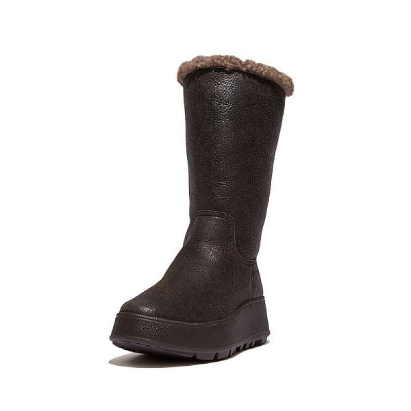 Chocolate Women's FitFlop F-Mode Double Faced Shearling Leather Flatform Calf Boots | 803YJGIEL