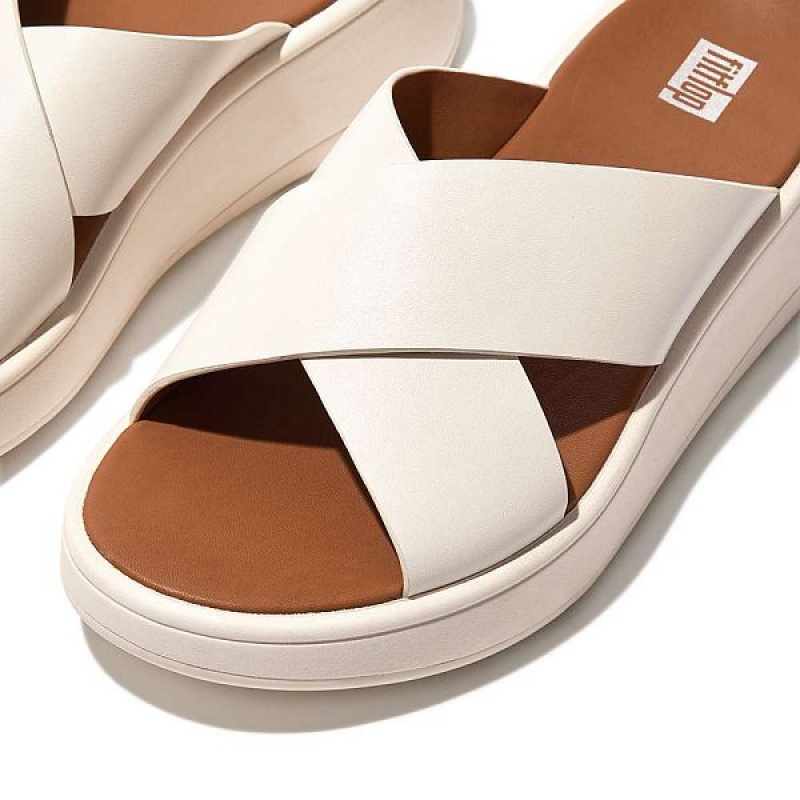 Cream Women's FitFlop F-Mode Leather Flatform Cross Slides | 970RLPYIS