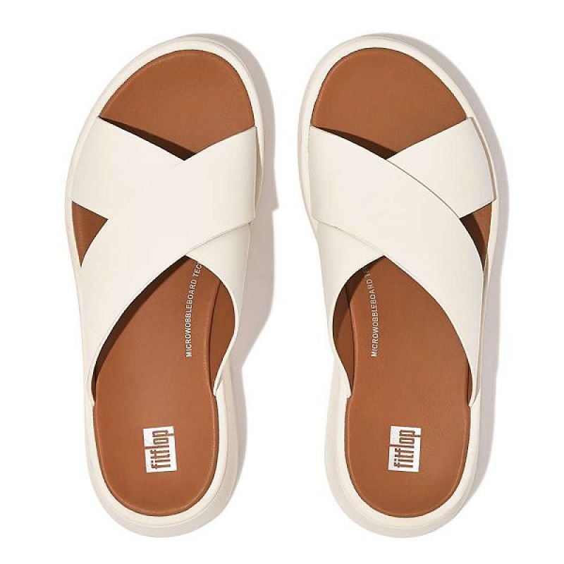 Cream Women's FitFlop F-Mode Leather Flatform Cross Slides | 970RLPYIS