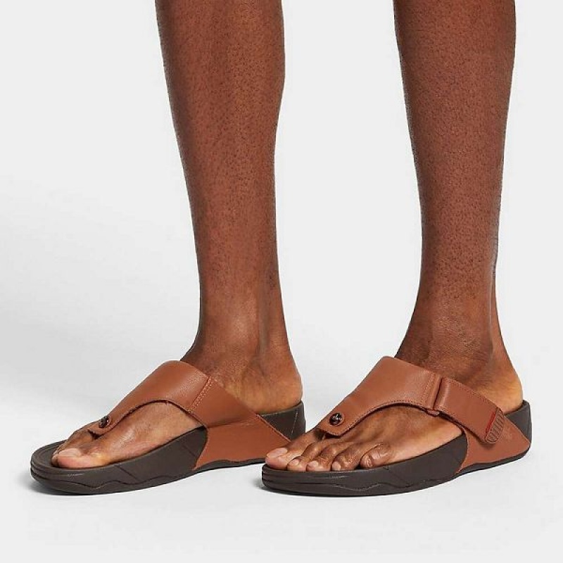 Dark Brown Men's FitFlop Trakk Ii Leather Flip Flops | 165DYBXPA