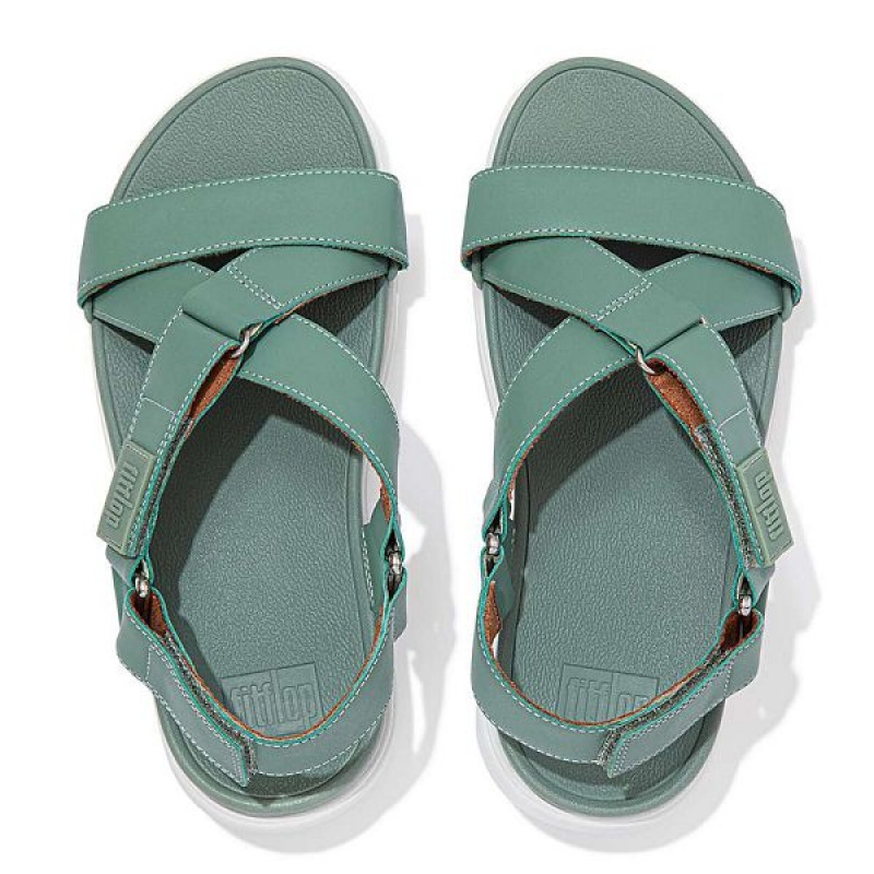 Green Women's FitFlop Loosh Leather Cross Strap Sandals | 365DKXYJH