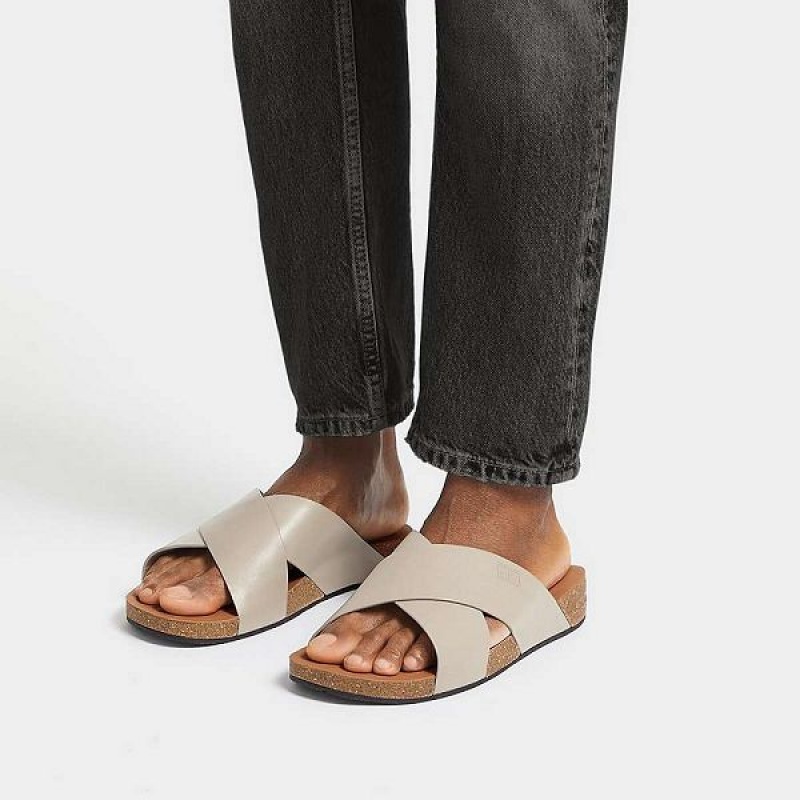 Grey Men's FitFlop Iqushion Leather Cross Slides | 507WAXCHY