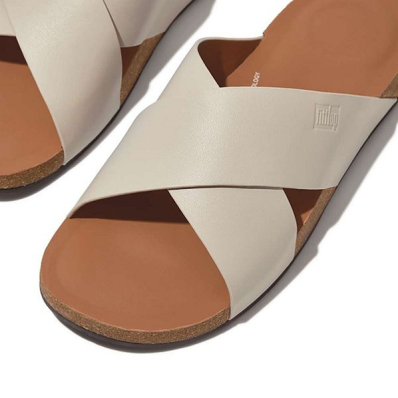 Grey Men's FitFlop Iqushion Leather Cross Slides | 507WAXCHY