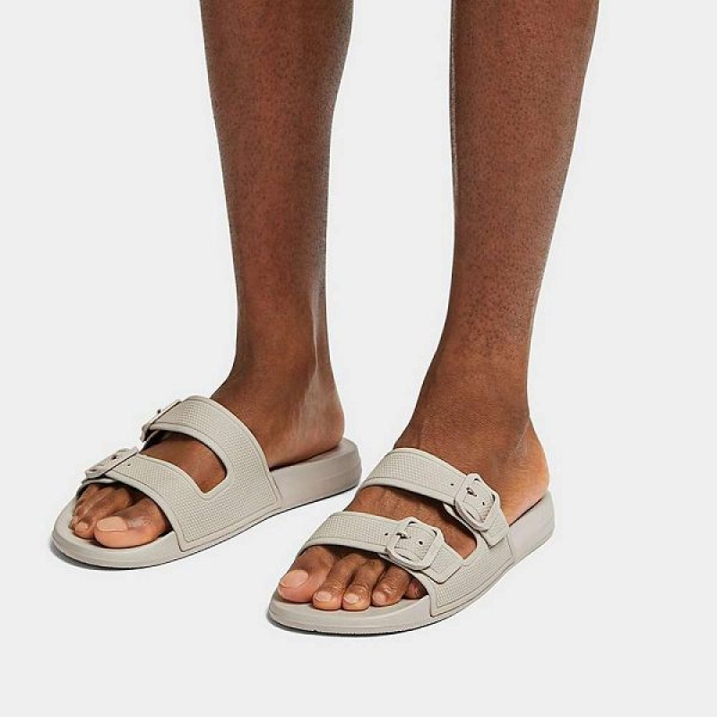 Grey Men's FitFlop Iqushion Two Bar Buckle Slides | 452RWYEFB