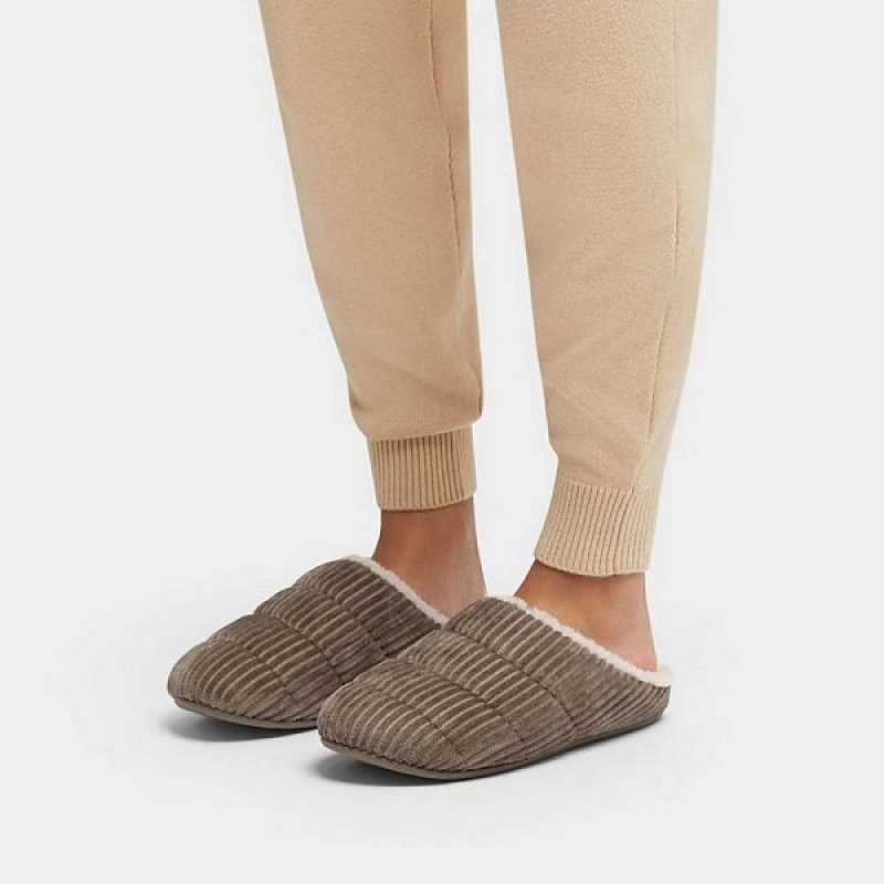 Grey Women's FitFlop Chrissie Biofleece Lined Corduroy Slippers | 860HMSWZA