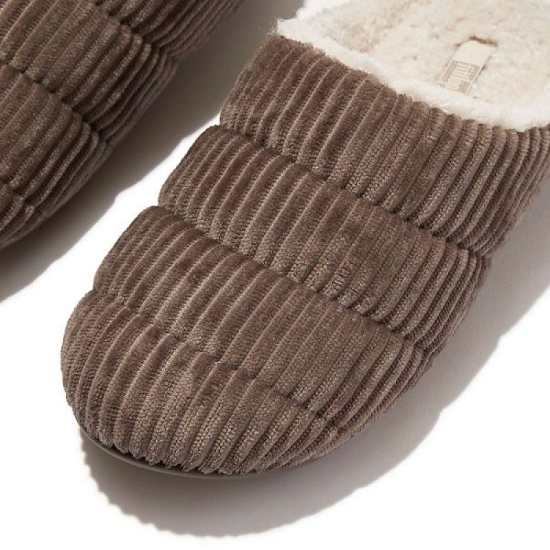 Grey Women's FitFlop Chrissie Biofleece Lined Corduroy Slippers | 860HMSWZA