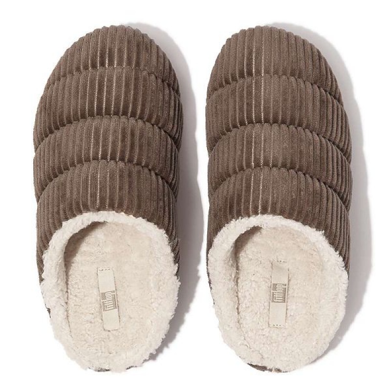 Grey Women's FitFlop Chrissie Biofleece Lined Corduroy Slippers | 860HMSWZA