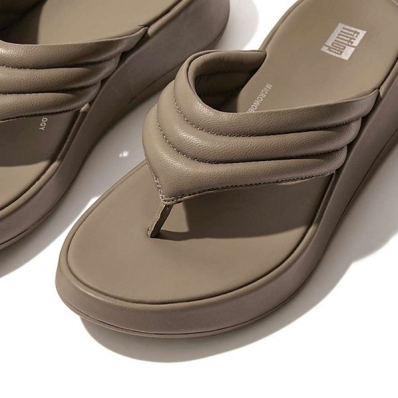 Grey Women's FitFlop F-Mode Padded Leather Flatform Toe-Post Sandals | 482KDAFUY