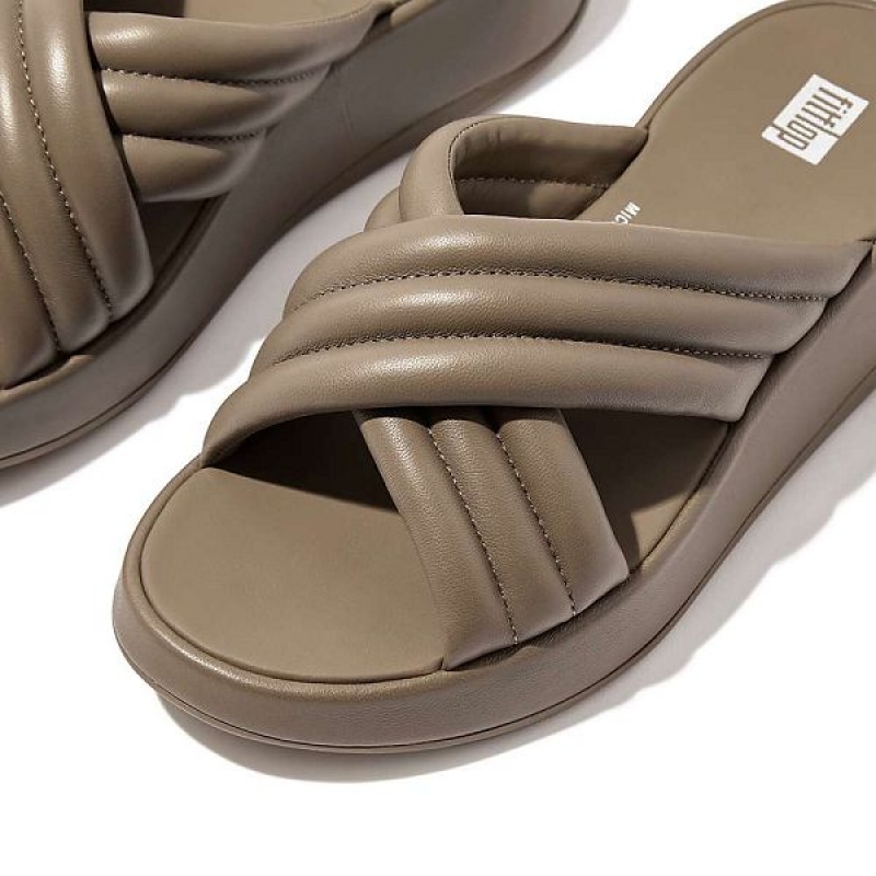 Grey Women's FitFlop F-Mode Padded Leather Flatform Cross Slides | 873QGOHAV