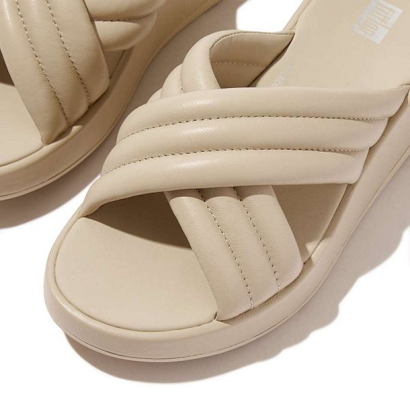 Grey / Beige Women's FitFlop F-Mode Padded Leather Flatform Cross Slides | 985TWXARV