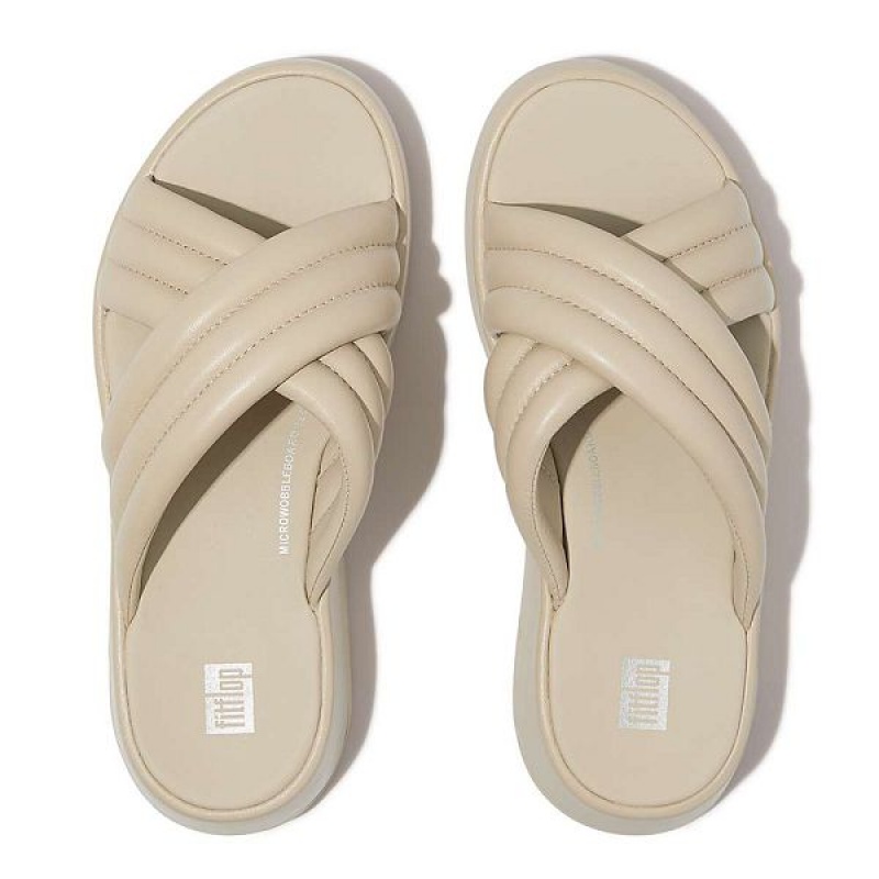 Grey / Beige Women's FitFlop F-Mode Padded Leather Flatform Cross Slides | 985TWXARV