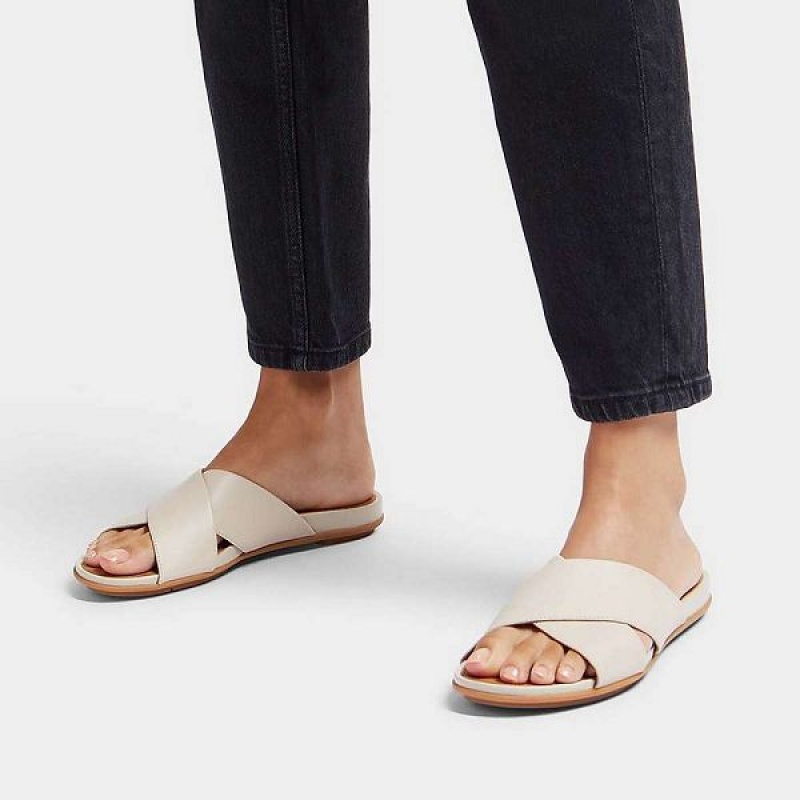 Grey / Beige Women's FitFlop Gracie Leather Cross Slides | 417LOKBTR